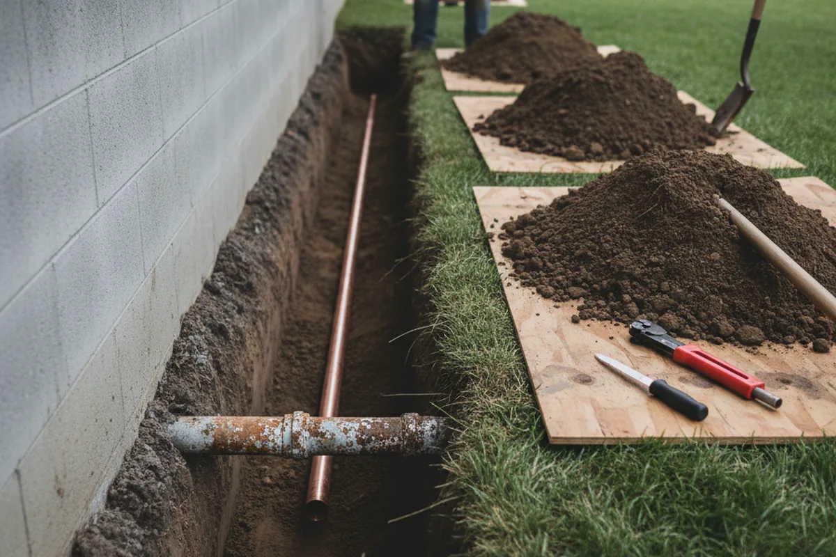 Excavated water line trench during Water Softener Installation in Bellemont